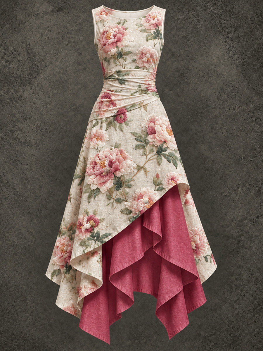 Retro Art Printed Vintage Sleeveless Irregularly Layered Stitched Midi Dress